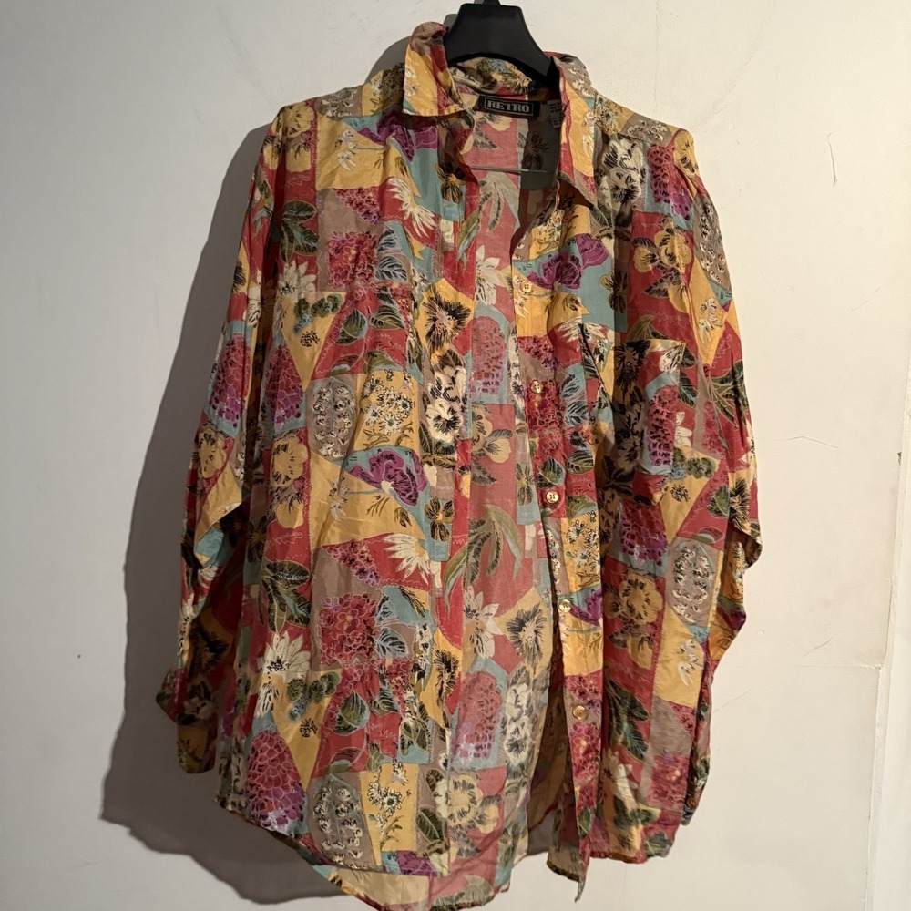 Retro Women's Medium Floral Patchwork Button Up‎ Blouse Colorful Boho Artsy Top